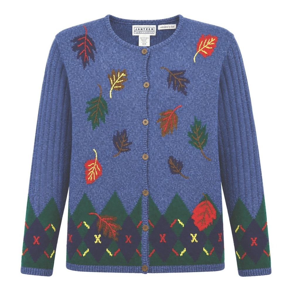 Vintage 90s Jantzen Cardigan Women Medium Hand Embroidered Fall Leaves Argyle